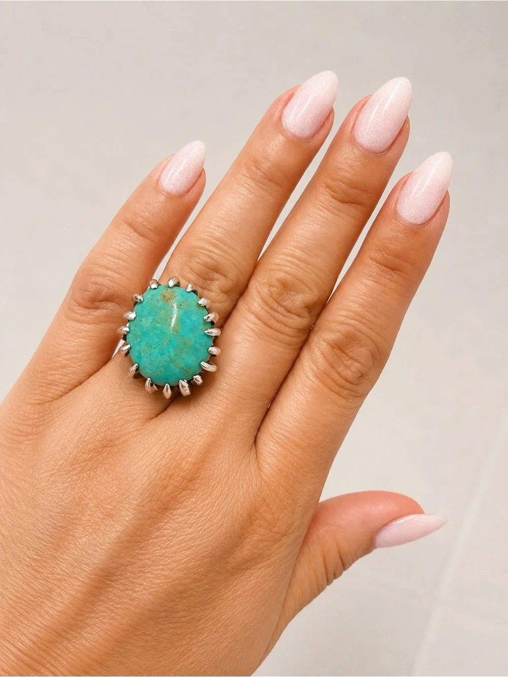 Turquoise Stone Silver Cocktail Ring - Blue Green Cabochon